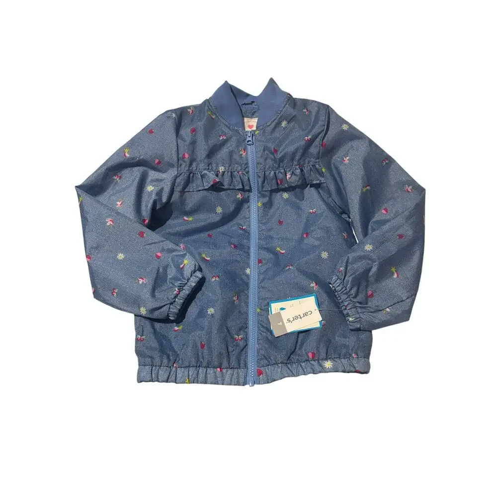 Carter’s 7 blue denim look windbreaker ruffed printed hearts rainbow nwt